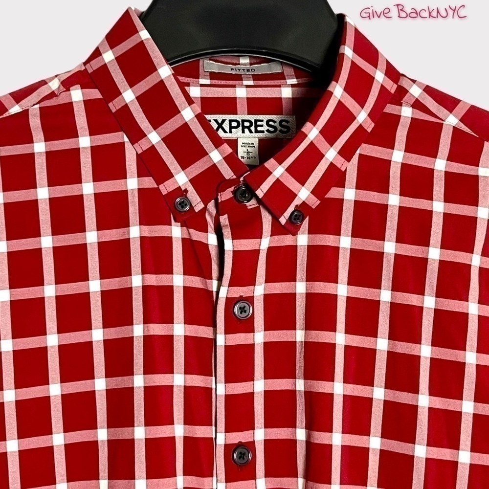 𝅺EXPRESS Fitted Button down Dress Shirt Plaid in Red and White Size L - Picture 3 of 4